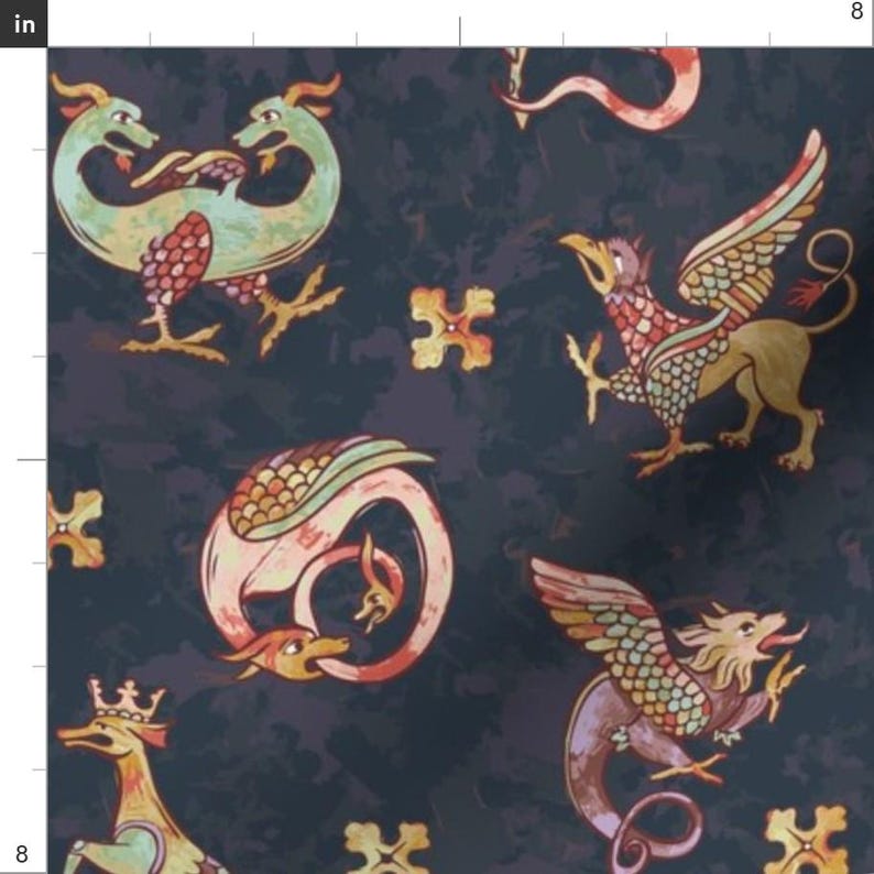 Medieval Fabric - Medieval Beasts Phantasmagoria By Taranealart - Medieval Smokey Jewel Tones Cotton Fabric By The Yard With Spoonflower image 3