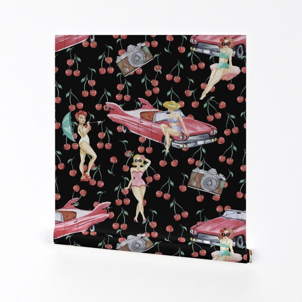 Vintage Kitsch Wallpaper - Pin Ups by lauracaballero - Retro Pin Up Girls Rockabilly Cars Removable Peel and Stick Wallpaper by Spoonflower