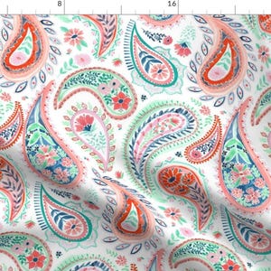 Coral and Aqua Paisley Fabric - Spring Paisley By Laura May Designs - Colorful Watercolor Paisley Cotton Fabric By The Yard With Spoonflower