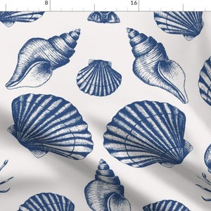 May include: A seamless pattern featuring blue and white illustrations of seashells and lobsters on a white background.