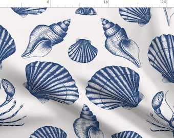 Coastal Toile Fabric - Lobster And Seashells by studio_assorti - Large Scale Maritime Damask Cobalt Blue Fabric by the Yard by Spoonflower