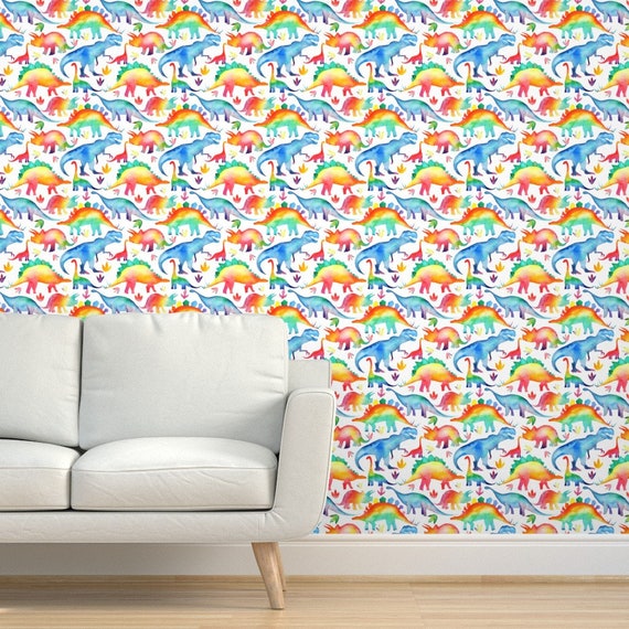 Removable Water-Activated Wallpaper Rainbow Dinosaur Whimsical Colorful Dino Removable Water-Activated Wallpaper Rainbow Dinosaur Whimsical Colorful Dino