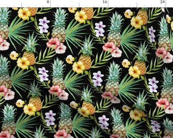 Pineapple Floral Fabric - Tropical Hawaii Watercolor Pineapple Hibiscus Plumeria By Khaus- Summer Cotton Fabric By The Yard With Spoonflower