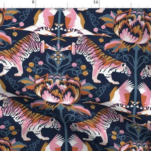 Tiger Floral Damask Fabric - The Tiger And The Crane By Heidi-Abeline - Tiger Peony Maximalist Cotton Fabric By The Yard With Spoonflower