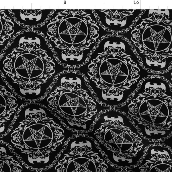 Baphomet Fabric - Goth Bat Baphomet by nasty_ghoul - Victorian Gothic Black Damask Halloween Spooky Creepy Fabric by the Yard by Spoonflower