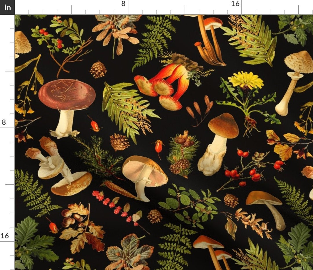 Woodland Fabric Thanksgiving in the Forest on Black-antique Mushroom ...