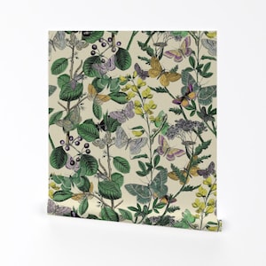 Garten-Tapete - Frühlings-Schmetterling durch Peacoquettedesigns - Weinlese-botanische kundenspezifische entfernbare selbstklebende Tapetenrolle durch Spoonflower