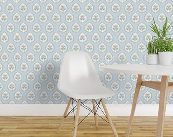 Flower Paisley Peel and Stick Wallpaper - Cottagecore Lotus Floral Teardrop  - Removable Wall Decor Art - Daphne Soft Blue by danika_herrick