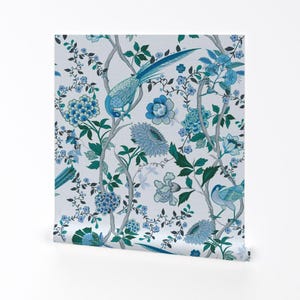 Birds And Flowers Removable Peel and Stick Wallpaper - Blue Floral Peacock Chintz - Wall Art Wall Decor - Chinoiserie Chintz by chrissyink