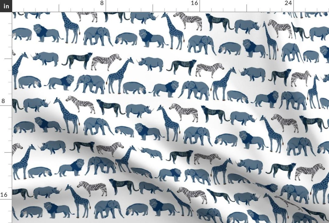 Blue Safari Animals Fabric - Safari Blue + White Elephant Lion Zebra ...