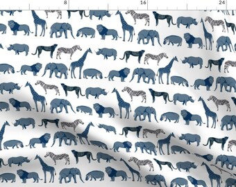 Blue Safari Animals Fabric - Safari Blue + White Elephant Lion Zebra Giraffe By Charlottewinter - Cotton Fabric by the Yard with Spoonflower