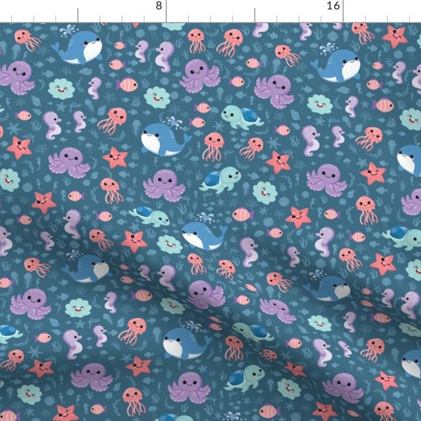 Sea Creature Fabric - Kawaii Sea Animals by kate_black - Cute Whimsical Blue Nautical Ocean Small Scale  Fabric by the Yard by Spoonflower