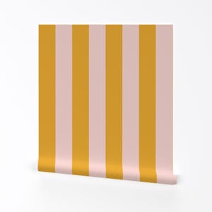 Carta da parati rimovibile rosa con sbucciatura e bastone - Strisce audaci Strisce gialle Spiaggia costiera - Decorazione murale - Strisce rosa limonata di acdesign
