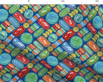 Canned Seafood Fabric - Vintage Tinned Treats by rocarrstudio - Tuna Sardines Blue Green Red Orange Clams Fabric by the Yard by Spoonflower