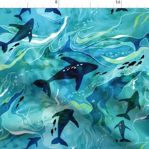 Whale Fabric Teeming Ocean By Adenaj Ocean Blue Green Aqua Underwater Animals Sea Life Water Cotton Fabric By The Yard With Spoonflower image 1