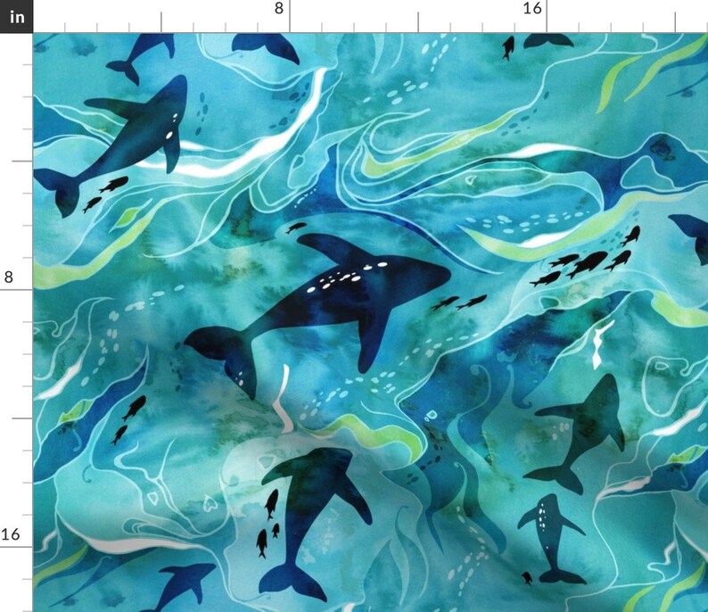 Whale Fabric Teeming Ocean By Adenaj Ocean Blue Green Aqua Underwater Animals Sea Life Water Cotton Fabric By The Yard With Spoonflower image 1