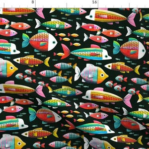 May include: A black background with a repeating pattern of colorful fish. The fish are stylized and have a variety of shapes and sizes. Some of the fish have stripes, spots, and other patterns. The fish are swimming in different directions.
