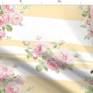 Floral Stripe Fabric - May Day Summer Roses Stripe By Lilyoake - Pink Yellow Roses Floral Stripes Cotton Fabric By The Yard With Spoonflower
