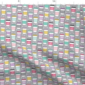 May include: A seamless pattern featuring a variety of colorful coffee cups with different designs on a gray background. The cups are arranged in a repeating pattern, creating a fun and whimsical design.
