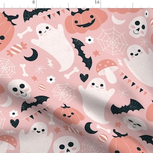 Halloween Fabric - Non-Spooky Halloween By Adehoidar - Halloween Cute Pink Spiderweb Bats Pumpkin Cotton Fabric By The Yard With Spoonflower