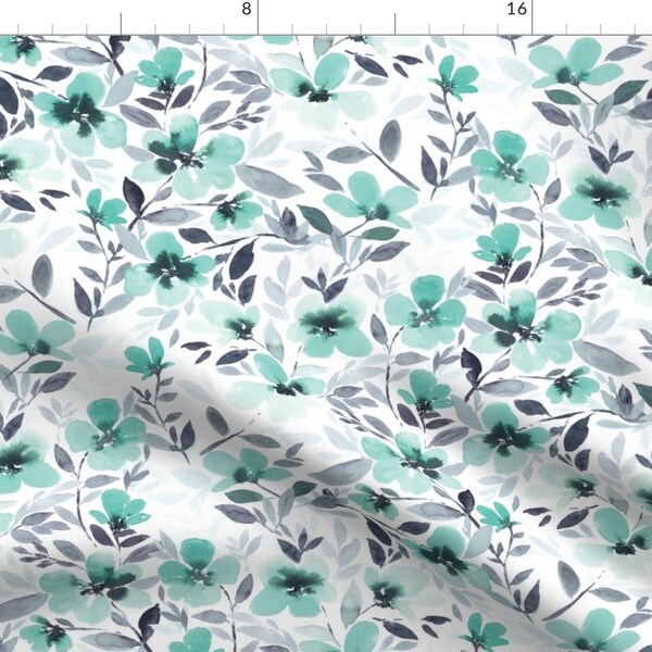 Mint And Grey Floral Fabric - Espirit Mint By Mjmstudio - Mint And Grey Cotton Fabric By The Yard With Spoonflower