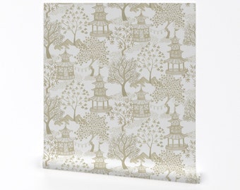 Papier peint chinoiseries - Pagoda Forest Cream And Tans par danika_herrick - Papier peint amovible toile d'art asiatique par Spoonflower