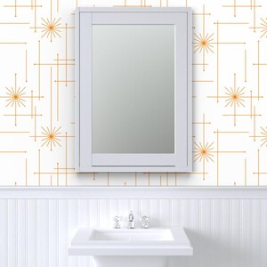 Mid Century Peel and Stick Wallpaper - Atomic Starbursts White Orange ...