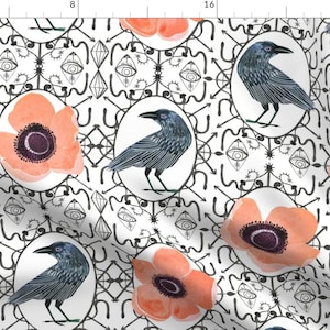 Ravens + Anemones Fabric -Lucid Dreams Anemone Ravens By Zoe Ingram- Bird Flower Floral Arrow Eye Cotton Fabric By The Yard With Spoonflower