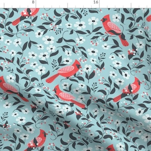 Winter Blue Floral Birds Forest Pattern Fabric - Winter Cardinals By Tatiabaurre - Winter Cotton Fabric By The Yard With Spoonflower
