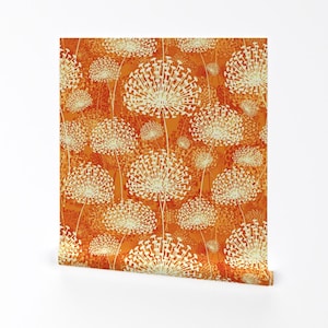 Carta da parati Mid Century - Denti di leone arancioni vintage di Chicca Besso - Rotolo di carta da parati autoadesiva rimovibile Orange Jumbo Flora di Spoonflower