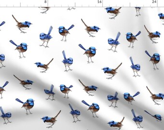 Wren Fabric - Wrens Scattered On White By Thistleandfox - Wren Bird Blue White Nature Home Decor Cotton Fabric By The Yard With Spoonflower