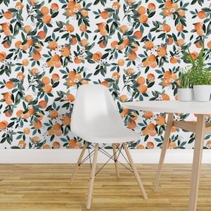 Citrus Fruit Peel and Stick Wallpaper - Watercolor Oranges Bohemian - Removable Wall Decor Art - Dearclementine_white by crystal_walen