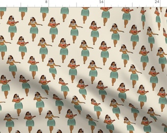 May include: Fabric with a repeating pattern of Hawaiian women playing ukuleles. The women are wearing green skirts, flower leis, and holding ukuleles. The background is a light beige color.