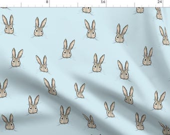 Rabbit Fabric - Sweet Rabbit On Blue By Taraput - Woodland Nursery Decor Rabbit on Blue Cotton Fabric By The Yard With Spoonflower