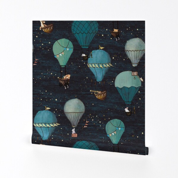 Blue Balloon Wallpaper - Hot Air Balloon Ride By At The Cottage - Blue Custom Printed Removable Self Adhesive Wallpaper Roll by Spoonflower