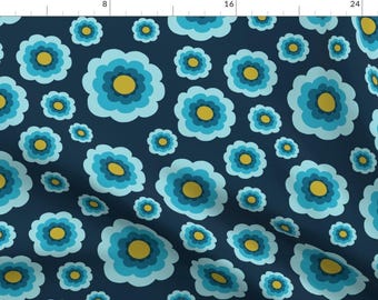 Retro Fabric - Retro Flowers By Trinetollefsen - Retro Blue Yellow Floral Geometric Trendy Pop Cotton Fabric By The Yard With Spoonflower