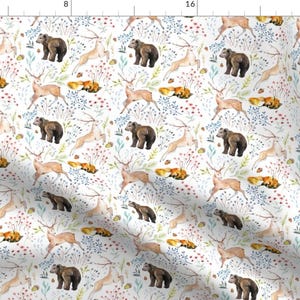 Woodland Nursery Fabric - 5.25&quot; Wandering Around Deer, Fox Bear By Shopcabin - Woodland Nursery Cotton Fabric By The Yard With Spoonflower