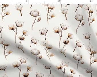 Watercolor Cotton Flowers Fabric - Cotton Balls By Peace_Shop - Boho Cotton Flowers Cotton Fabric By The Yard With Spoonflower
