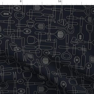 Mod Utensils Fabric - Julie&#39;S Utensils White On Black By Juliesfabrics - Modern Kitchen Decor Cotton Fabric By The Yard With Spoonflower