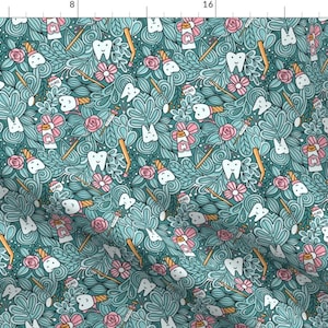 Aqua Dentist Fabric - Dentist Teeth And Doodles Cute By Kostolom3000 - Pink Dental Hygienist Teal Cotton Fabric By The Yard With Spoonflower