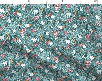 Aqua Dentist Fabric - Dentist Teeth And Doodles Cute By Kostolom3000 - Pink Dental Hygienist Teal Cotton Fabric By The Yard With Spoonflower