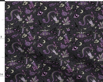 Spooky Fabric - Cute Occult In Dark By Pinkindetroit- Halloween Cute Gray Purple Black Magic Goth Cotton Fabric By The Yard With Spoonflower