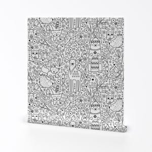 Coloring Wallpaper - Color Me Woodland Animals By Sarah Treu - Black Custom Printed Removable Self Adhesive Wallpaper Roll by Spoonflower