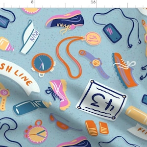 Marathon Running Blue Fitness Pattern Fabric - Marathon By New Branch Studio - Marathon Cotton Fabric By The Yard With Spoonflower