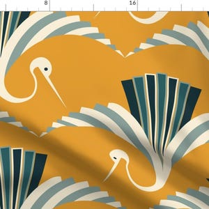Retro Cranes Fabric - Art Deco Crane by pakanta_handmade - Vintage Yellow Blue Mustard Yellow Large Scale Fabric by the Yard by Spoonflower