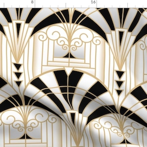 20s Architecture Fabric - Art Deco Alcove by leahsoha - Line Art Black White B&w Golden Arches Fan Retro Fabric by the Yard by Spoonflower