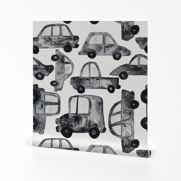 Watercolor Cars Wallpaper - Road Trip by ambergibbsdesigns - Black White Monochromatic Removable Peel and Stick Wallpaper by Spoonflower