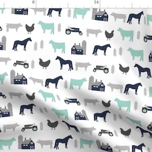 Farm Fabric - Farm Fabric Nursery Decor Tractors Animals Farming Blue By Charlottewinter - Farm Cotton Fabric By The Yard With Spoonflower