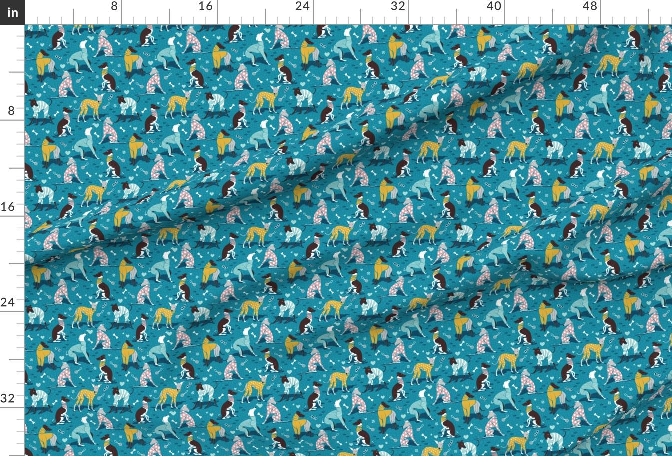 Blue Greyhound Fabric - Greyhounds Dogwalk // Small Scale // Turquoise ...
