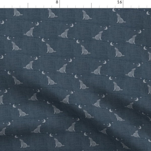 Little Wolves Fabric - Dark Blue Wolf Mini Scale By Mrshervi - Wolf Animal Mammal Wilderness Blue Cotton Fabric By The Yard With Spoonflower